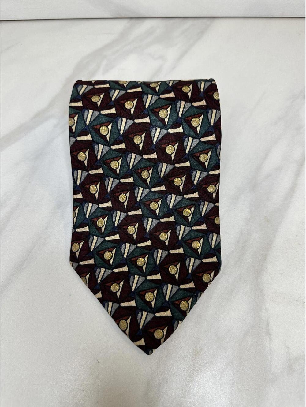 Vintage XMI art deco burgundy/teal/gold/cream bold geometric silk necktie